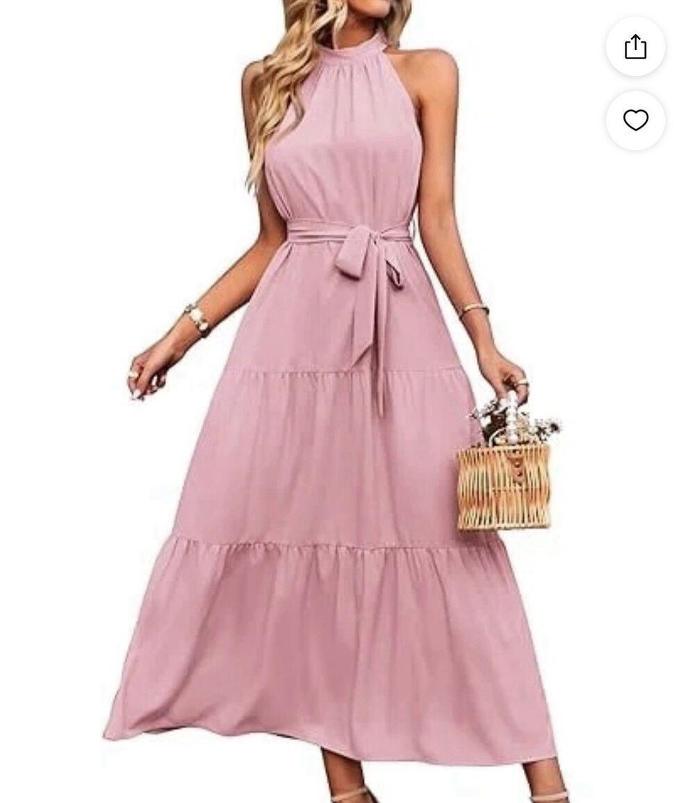PRETTYGARDEN Womens Halter Top Sleeveless Maxi Dress Pink Boho Spring Sz Med
